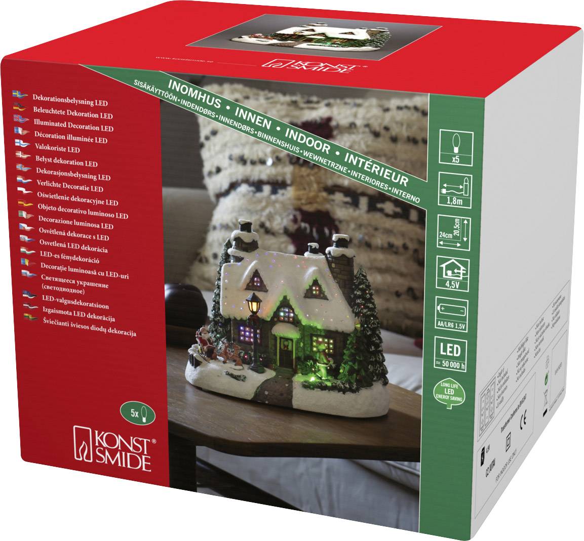 'LED Decorative House' packaging shows a festive house model with LED lighting and pine trees, suitable for indoor use.