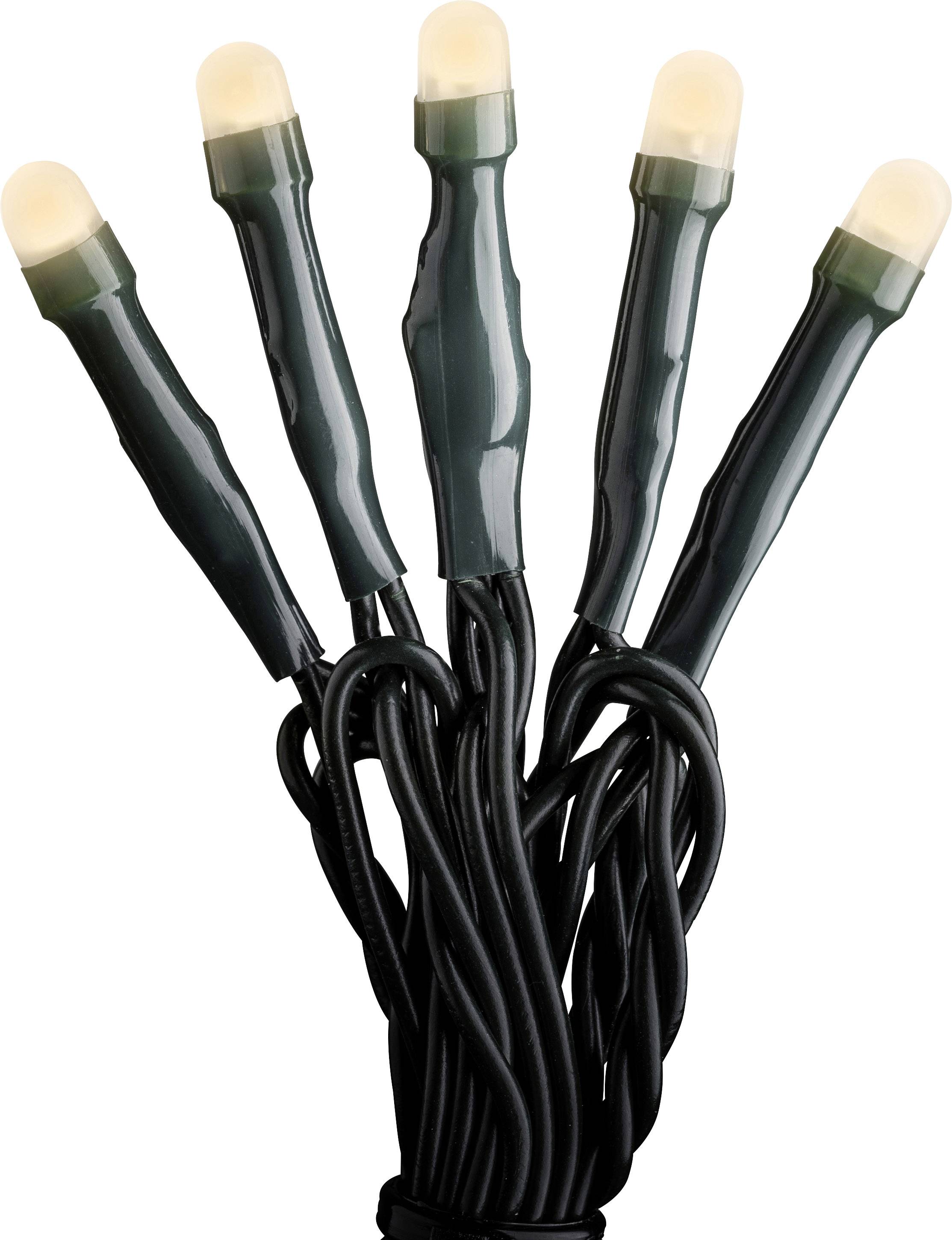 A bundle of five LED lights with green cables, looking like miniature Christmas lights, all glowing a warm white.