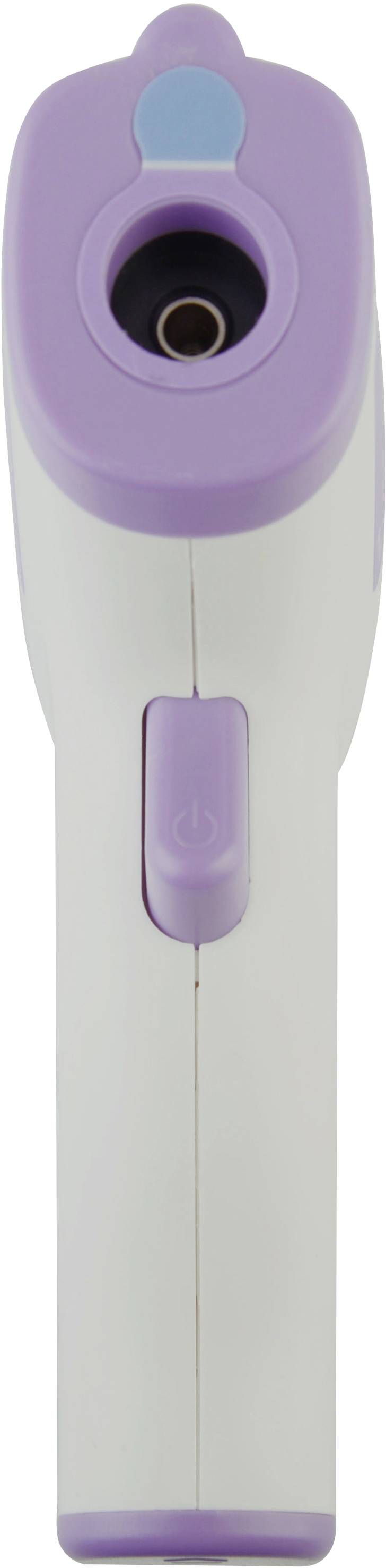 A digital infrared thermometer with purple accents, shown front-on. It is used for non-contact measurement of body temperature.