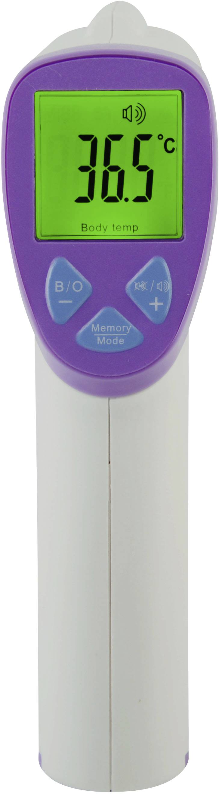 An infrared thermometer displays 36.5°C on a green display. The thermometer is white with purple and blue buttons.
