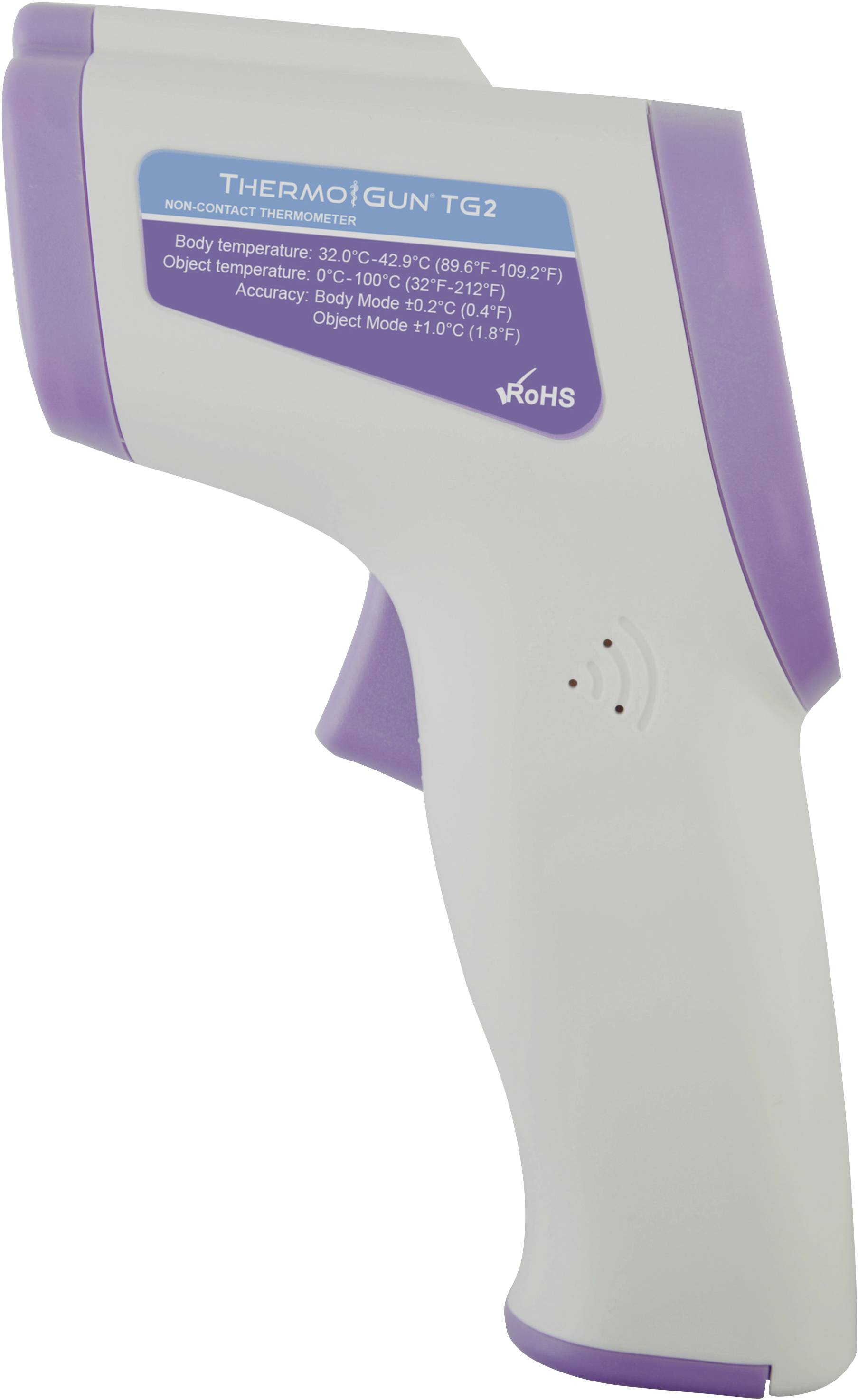 A purple and white infrared thermometer, non-contact, for measuring body and object temperatures.