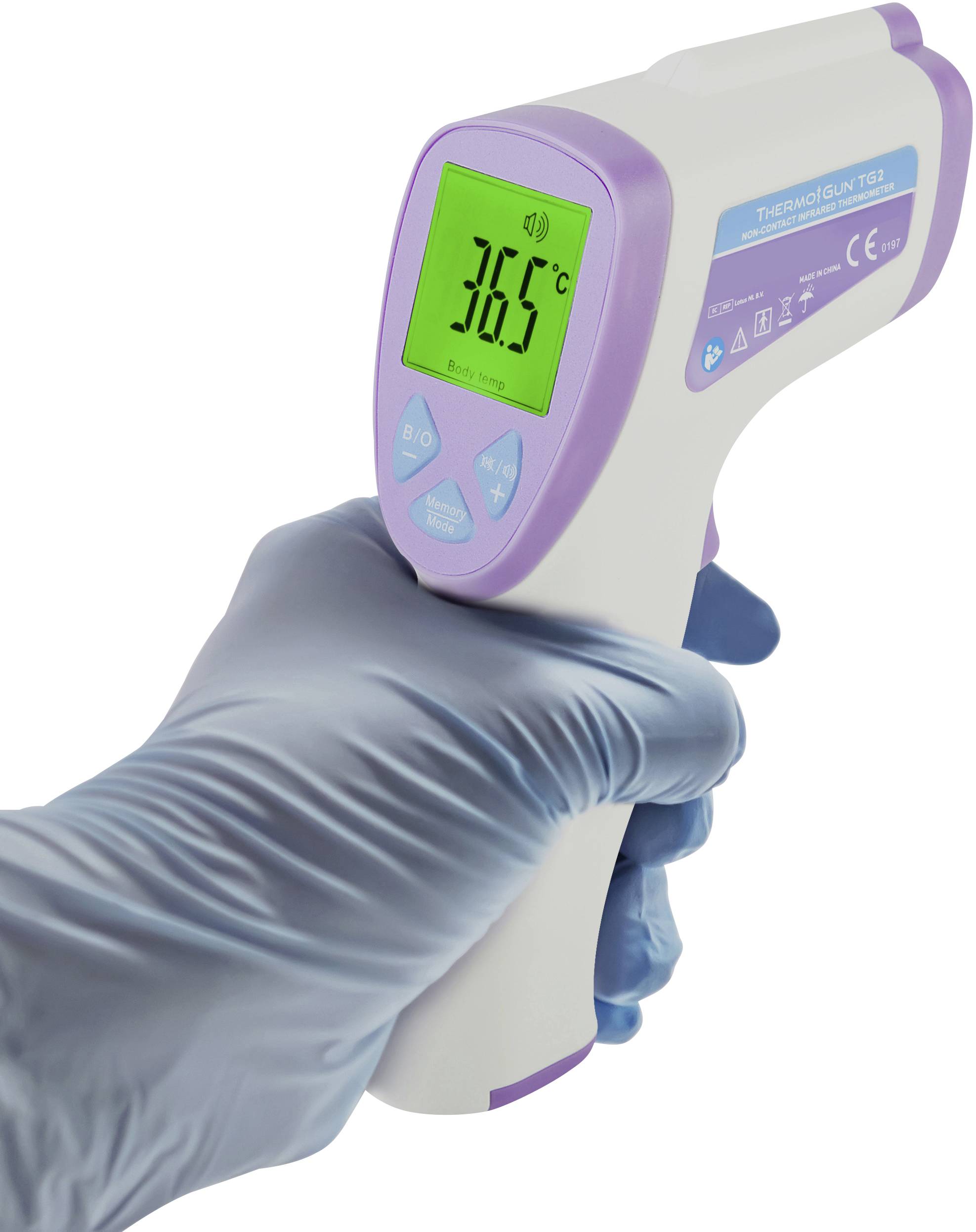 A hand wearing a blue glove is holding a digital infrared thermometer. The display shows a temperature of 36.5°C.