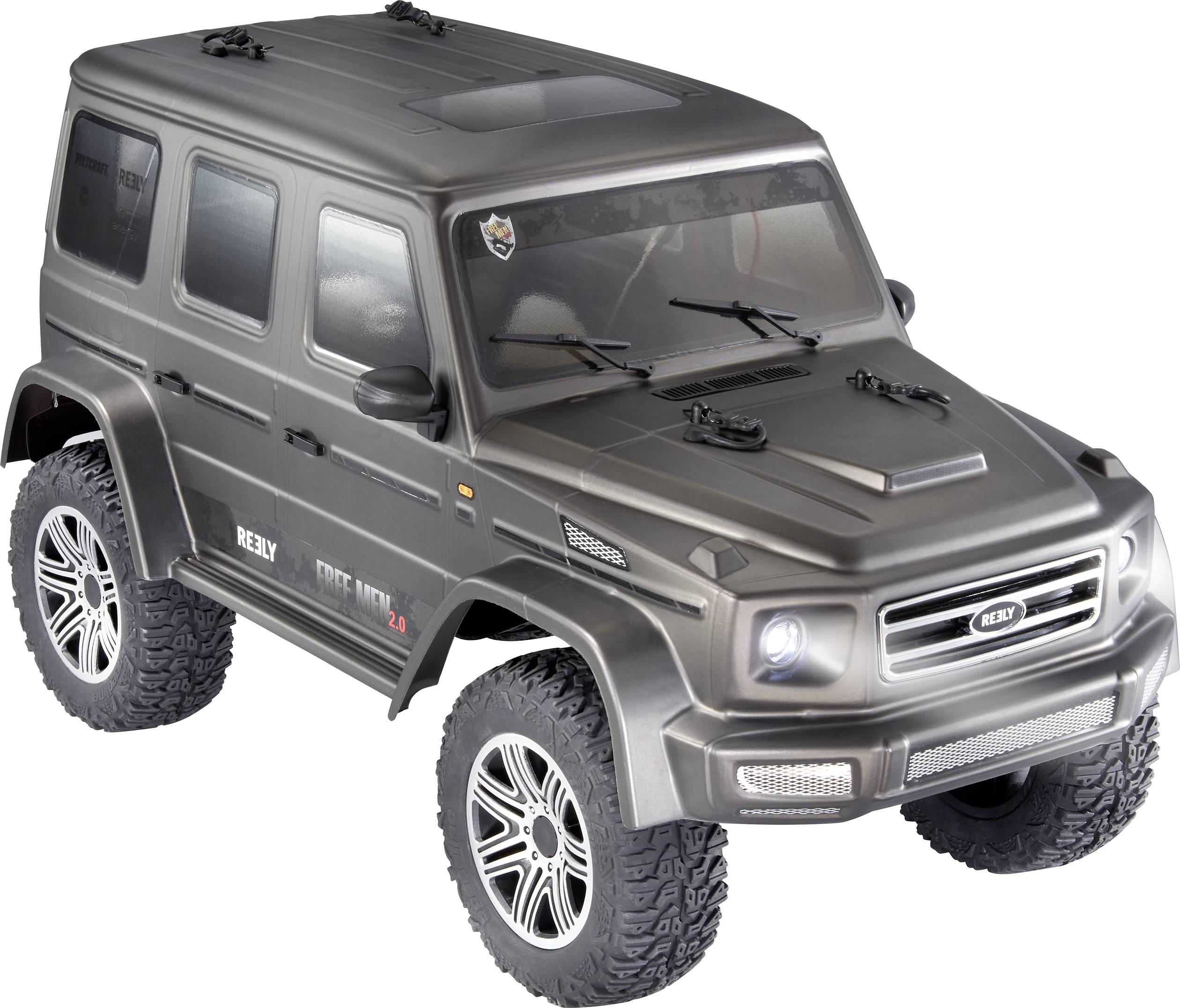 A remote-controlled, grey model car in an SUV style with large tyres and detailed headlamps.