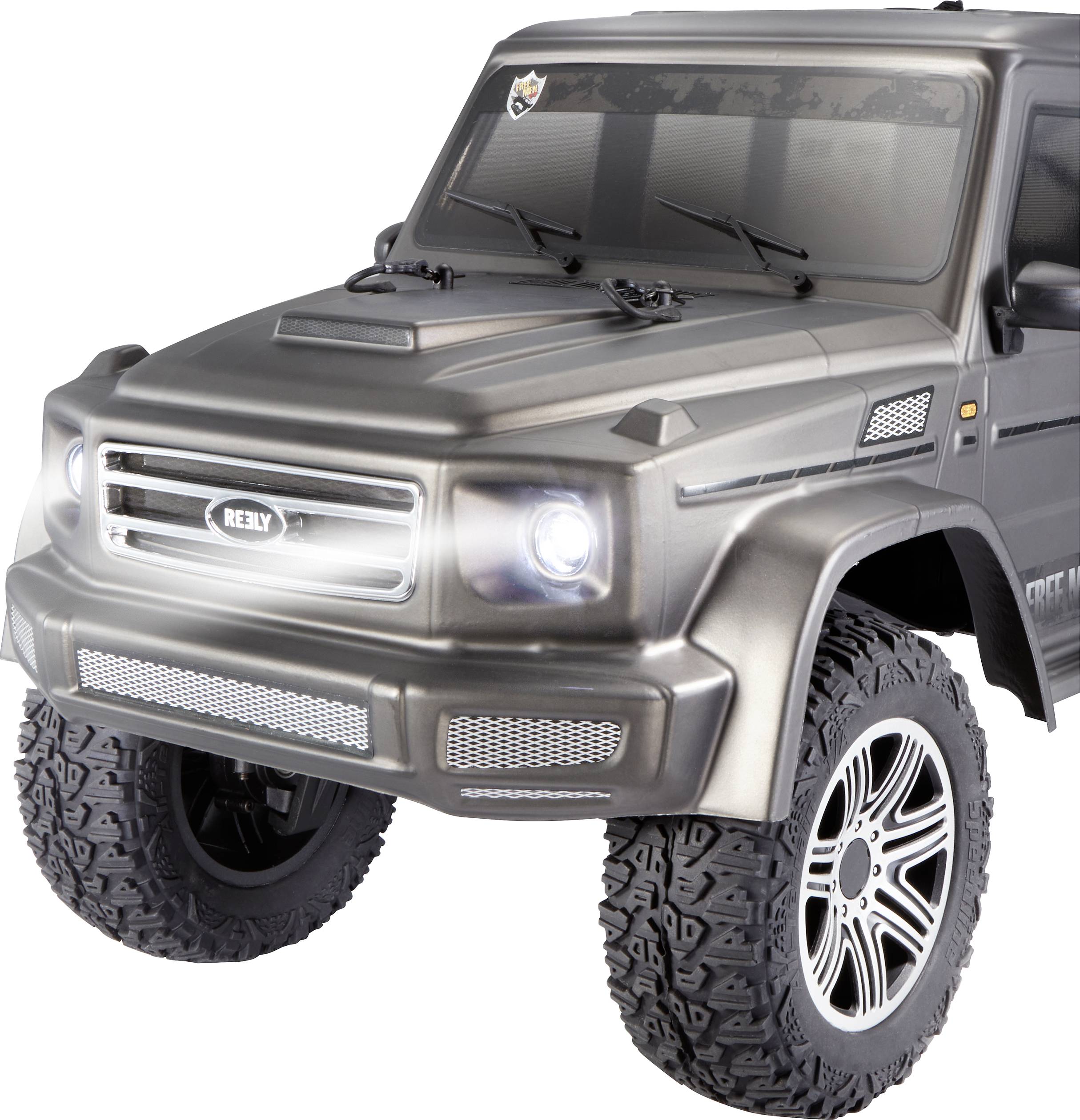 Remote-controlled car in metallic finish with large tyres and LED lights, marked with 'RELY' on the radiator grille.