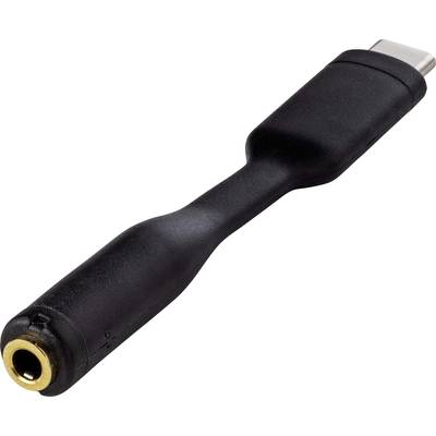 Black adapter with a USB-C plug on one end and a 3.5mm audio jack socket on the other end for audio devices.