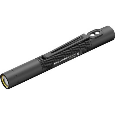 A black, pen-shaped torch with clip, side button and text 'Ledlenser P2R Work'.