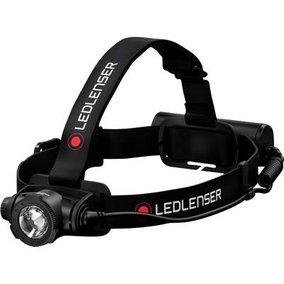 Head torch with elastic band, black in colour. The light is mounted at the front and the battery compartment at the rear. Brand: Ledlenser.