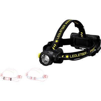Head torch with black and yellow design, mountable on a helmet. Sketches for helmet attachment shown in the bottom left.