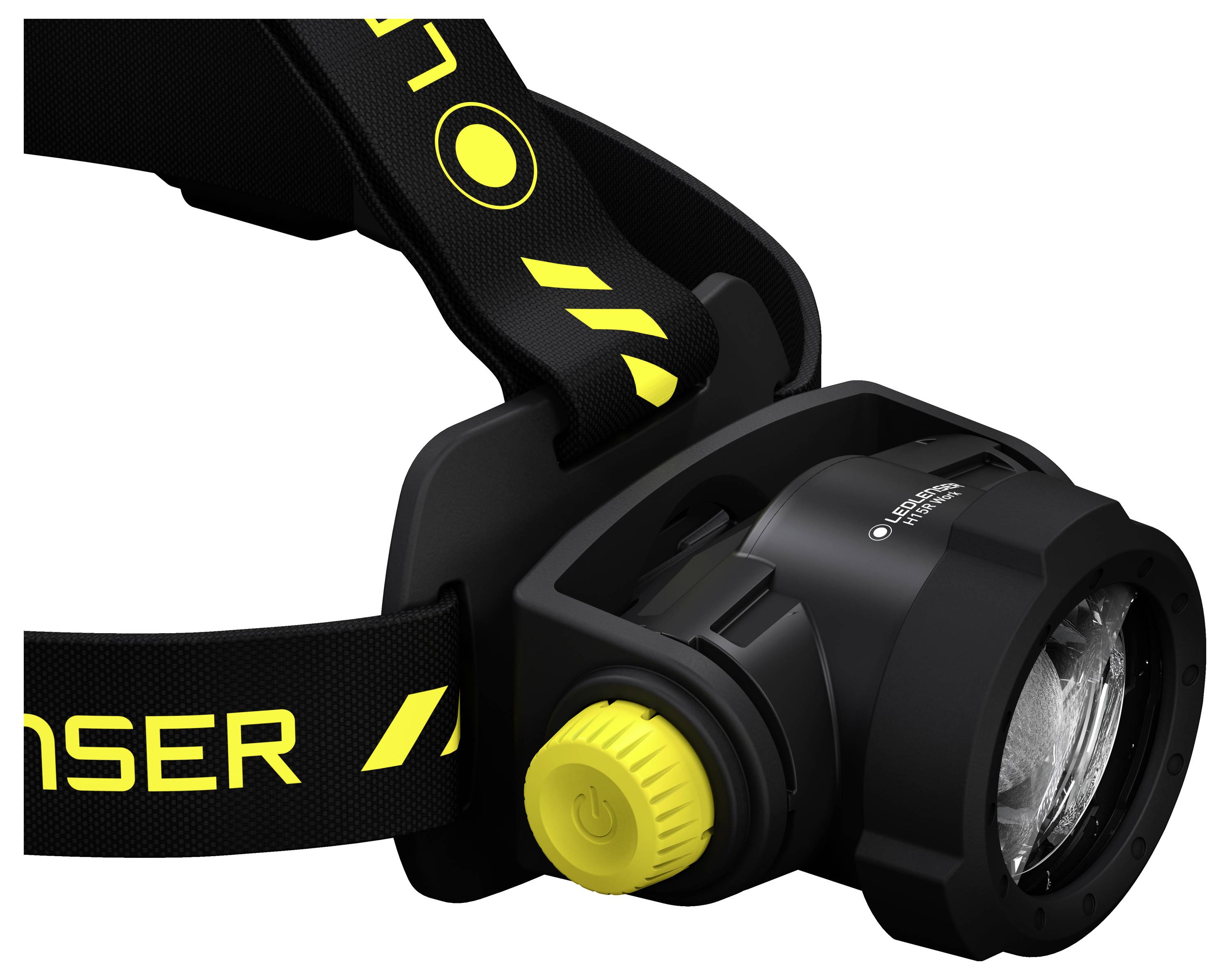 Black head torch with yellow button, mounted on an adjustable headband. Suitable for leisure activities and outdoor pursuits.