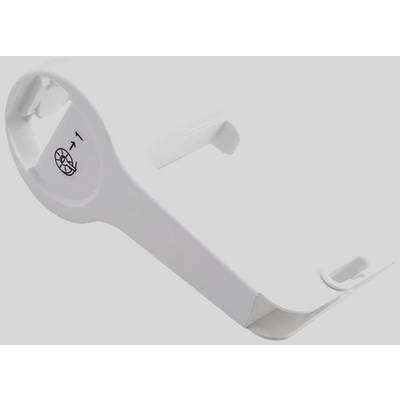 A white plastic holder with a circular opening and small hooks. A symbol and the number '1' are printed on it.