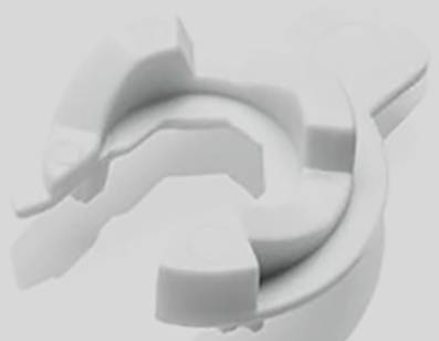 A white, circular plastic component with several curved elements, possibly a technical part.