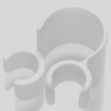 A white, curved plastic hook on a grey background. Suitable for attaching light objects.