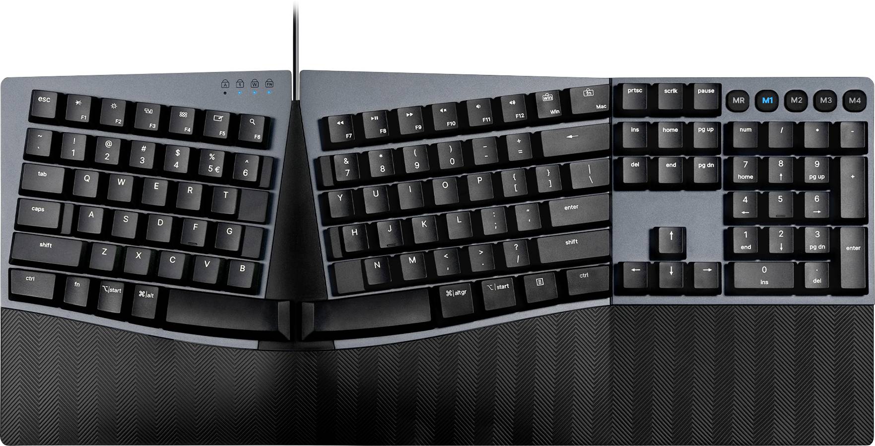 Split ergonomic keyboard with angled halves to reduce wrist strain. Black design with removable wrist rests.
