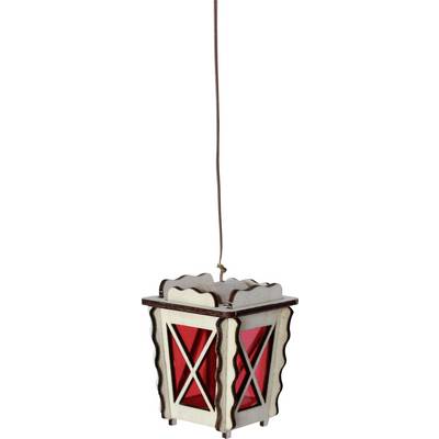 Wooden lantern with red glass, hanging from a cord, in a traditional design.