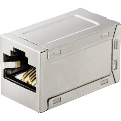 'Metal RJ45 network connector, used for connecting Ethernet cables in computer networks.'