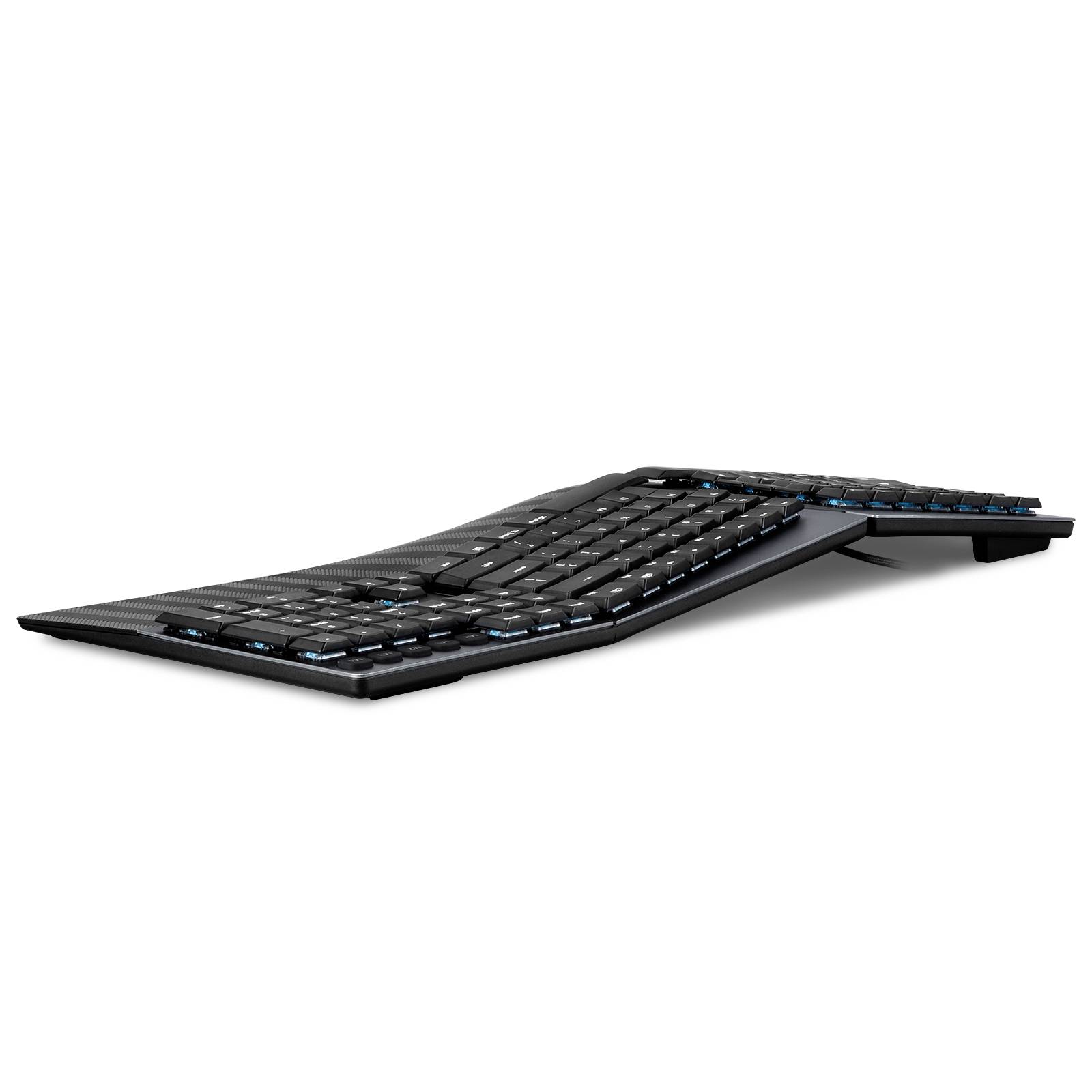An ergonomic keyboard with a curved shape to support the hands. The keys are black with white characters.