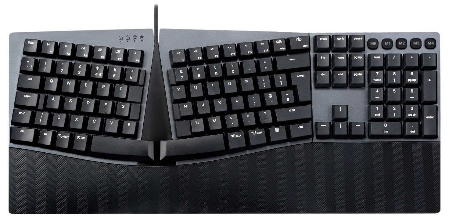 Ergonomic keyboard with split design and structured wrist rest, optimised for comfortable typing.