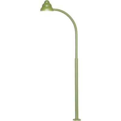 Green street lamp with curved shaft and round lampshade.
