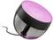 A black, hemispherical table lamp with a transparent lower section, topped with a pink-glowing shade, connected by cable.