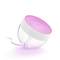 A round, transparent lamp with a pink illumination effect and white border, powered via a cable.