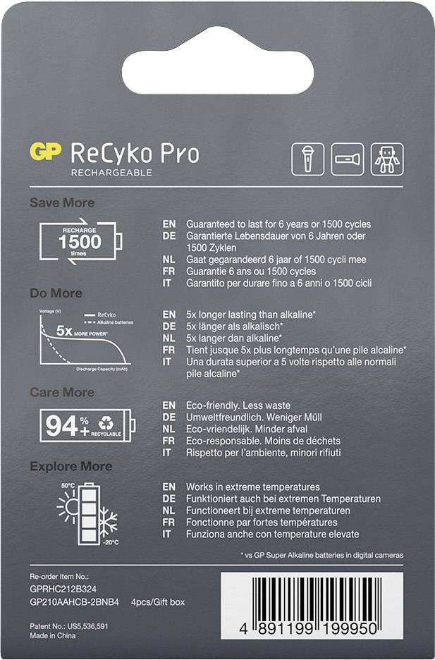 'GP ReCyko Pro Rechargeable Batteries' Packaging Reverse; contains technical details such as 1500 cycles, eco-friendly, 94% recycled material.