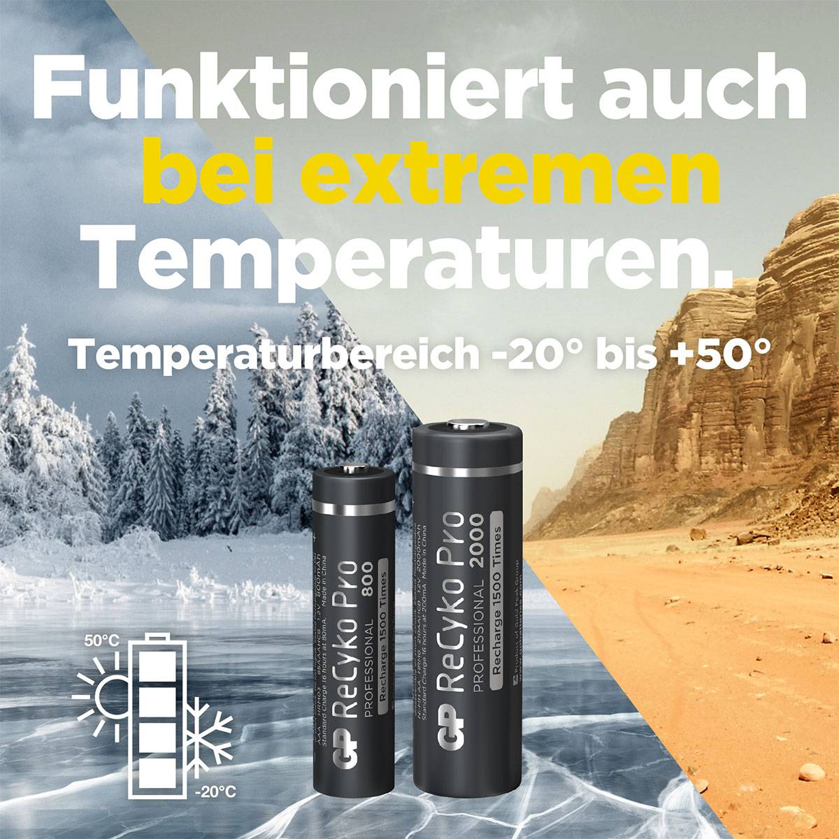 'GP ReCyko Pro' batteries stand before an icy and hot backdrop. Text: 'Works even at extreme temperatures. Temperature range -20° to +50°'.