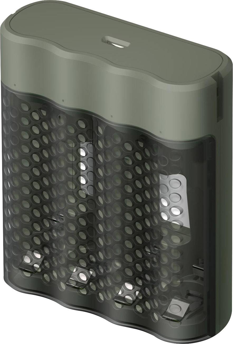 A rectangular, grey plastic enclosure with a perforated design, evidently for ventilation or protection of internal components.