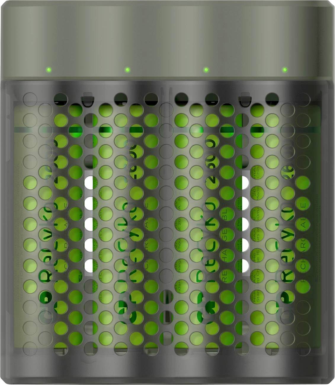 An air purifier with a green filter housing enclosed by a grey housing, and three green indicator lights on top.