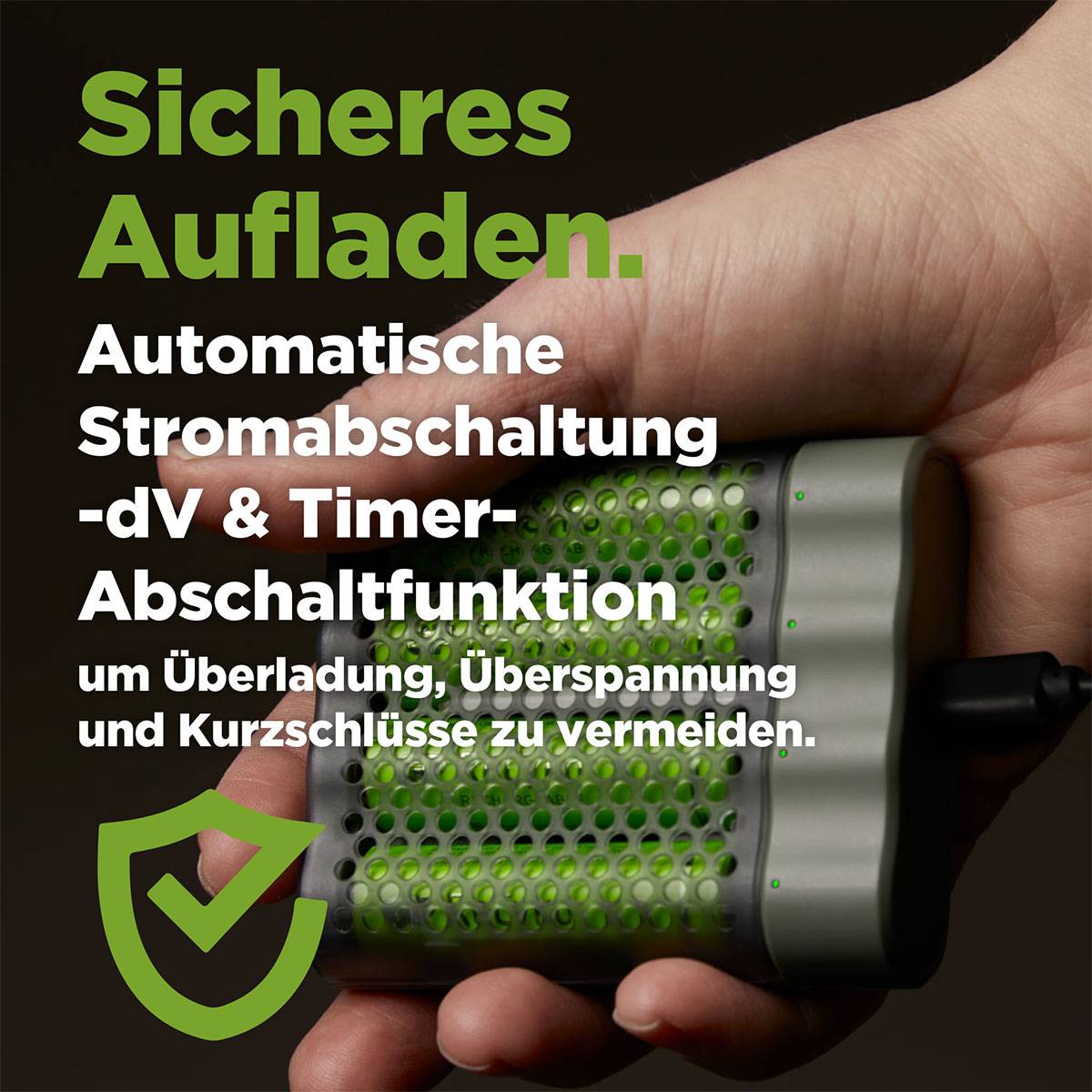 'Secure charging' with automatic power cut-off and timer to prevent overcharging, voltage spikes, and short circuits.