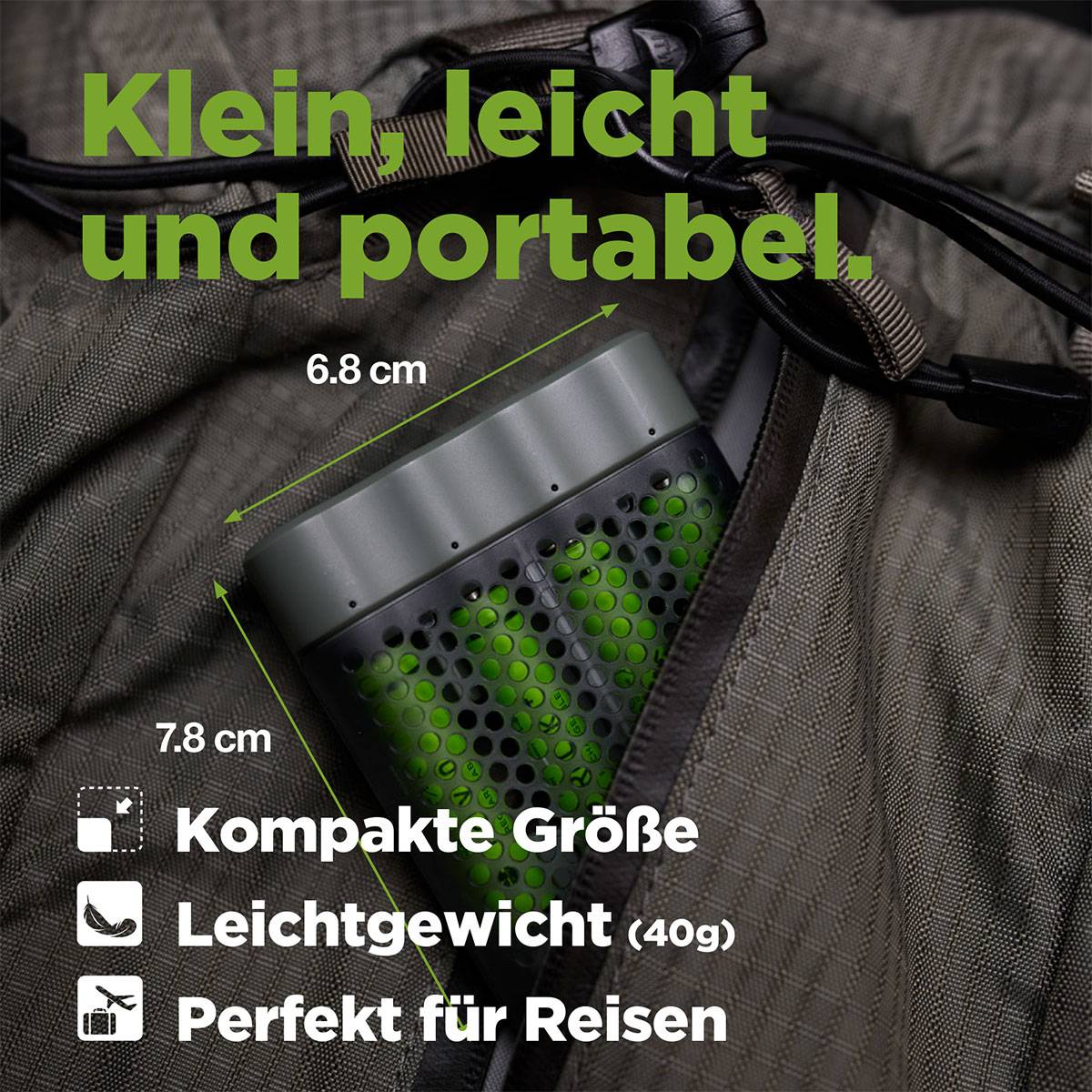 Compact, green speaker in a bag measuring 6.8 cm x 7.8 cm. Text: 'Small, lightweight and perfect for travelling. Weight: 40g'.