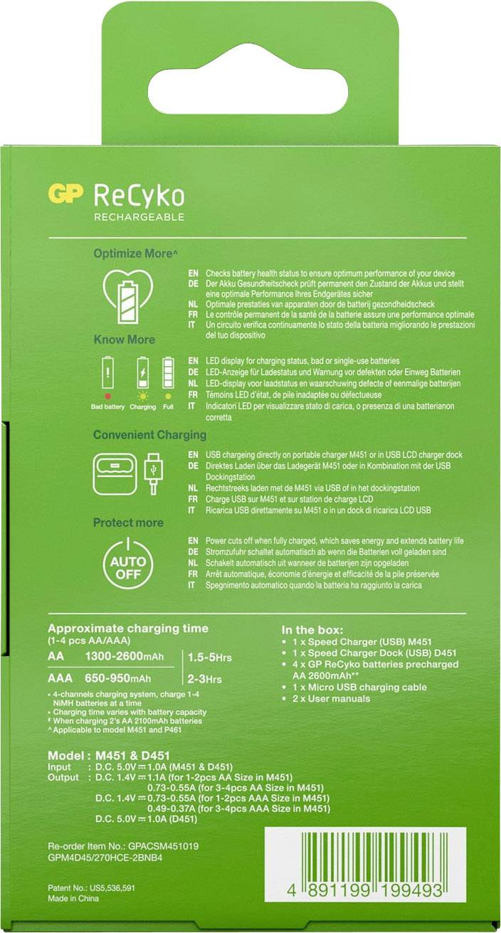 GP GPRCKCHM451D493 Charger for cylindrical cells NiMH AAA , AA-3