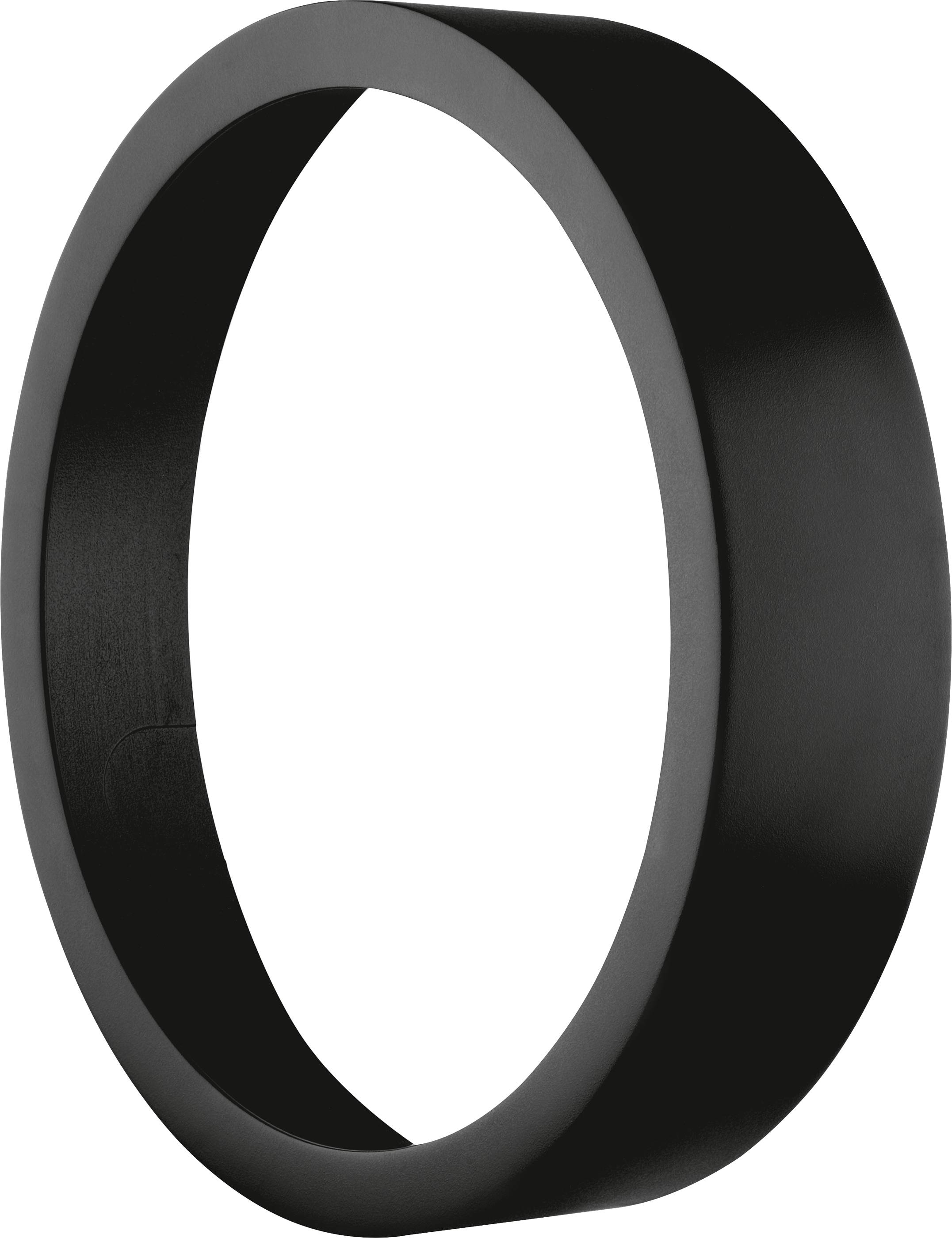 Black, round metal ring standing in side profile view.