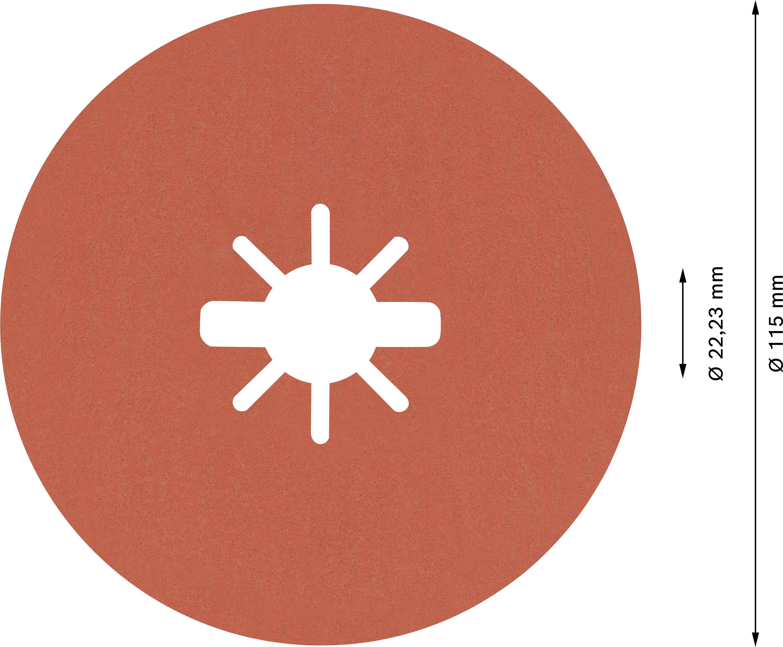 Orange symbol with a circular design and a central, radial pattern, shown with dimensions: diameter 22.23 mm and 115 mm.