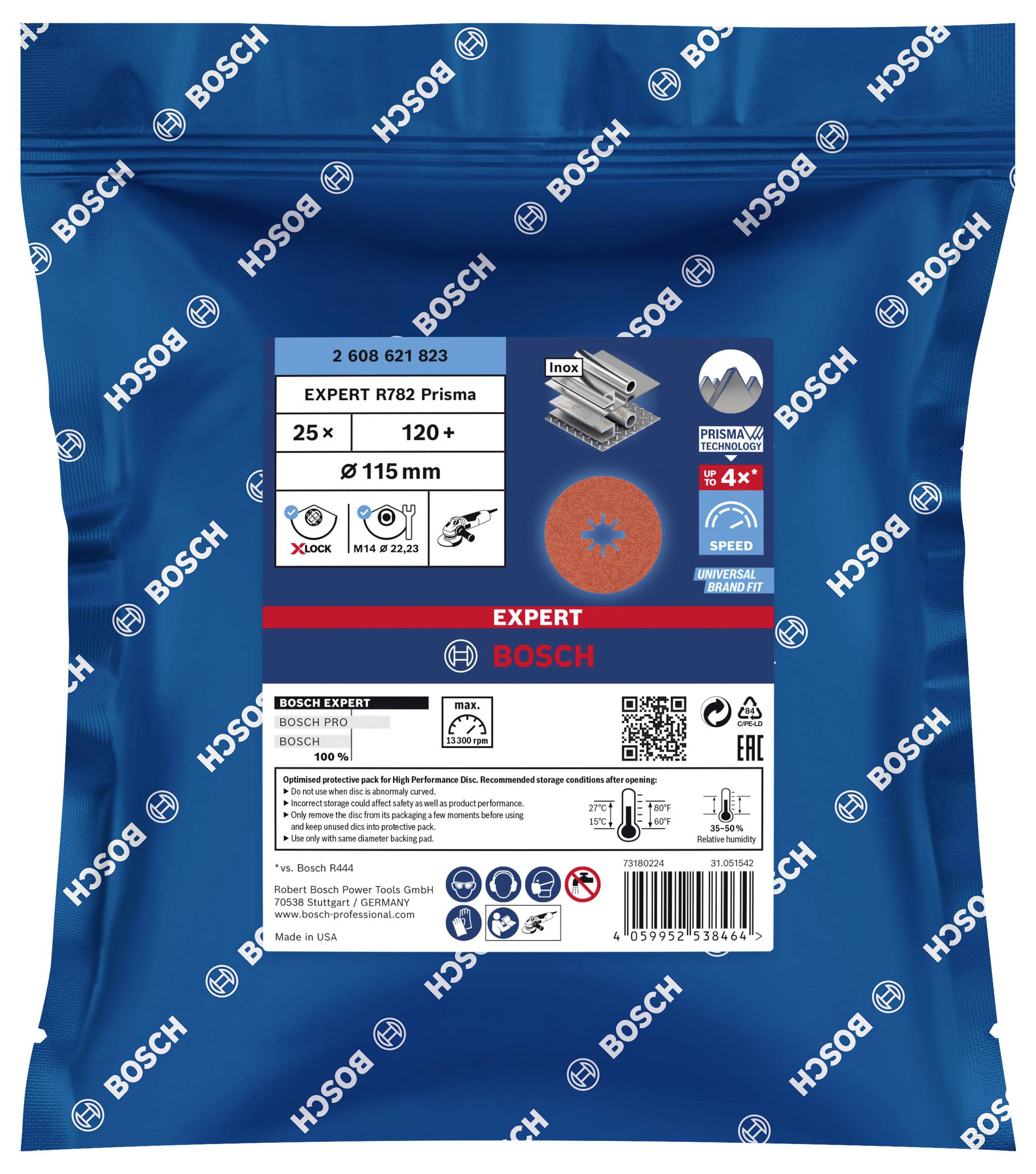 Blue bag with Bosch logo. Contains a grinding disc 'EXPERT R782 Prisma' for metal. Details about size and grit printed on it.