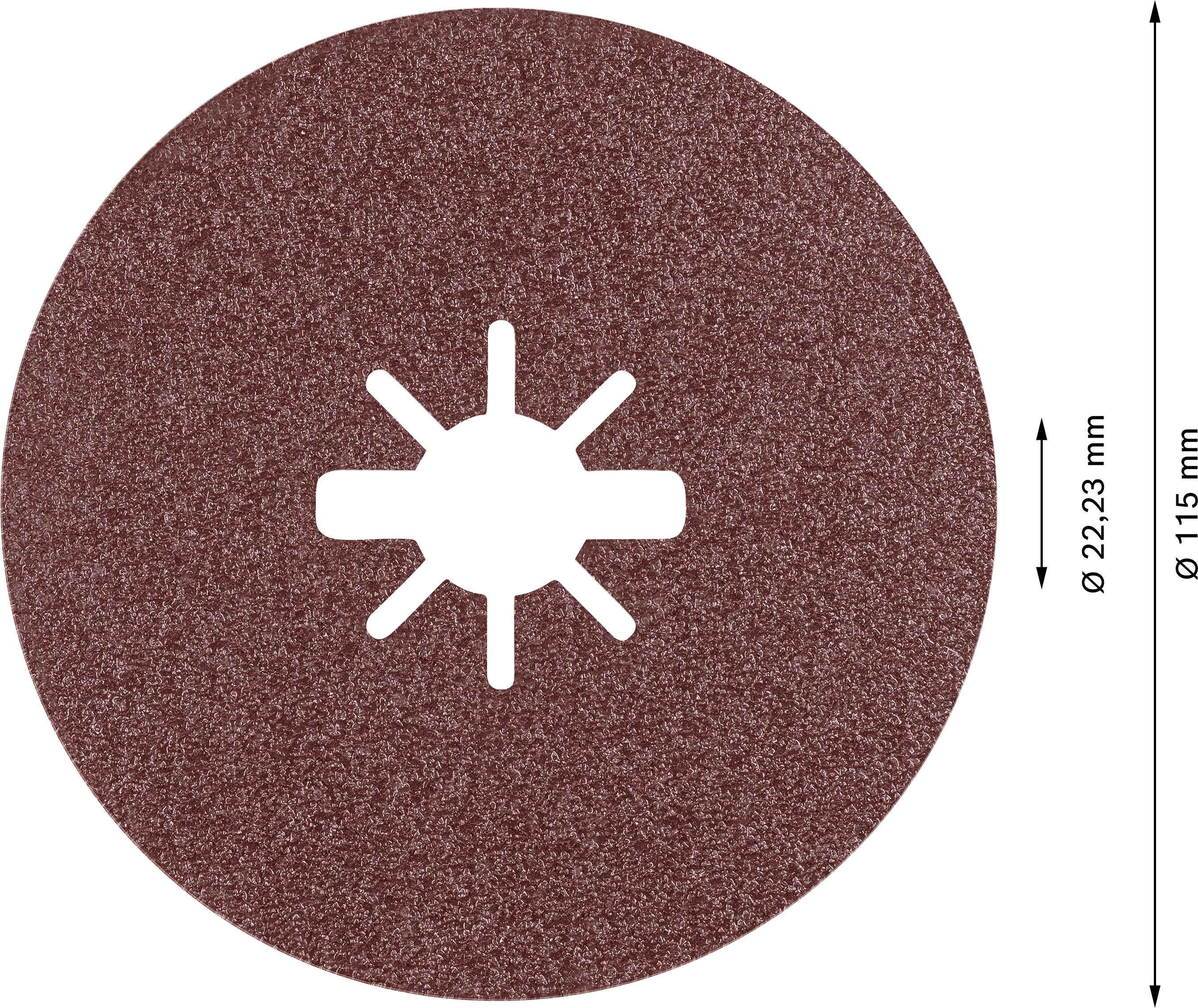 A brown grinding disc with six star-shaped cutouts in the center. Outer diameter: 115 mm, inner diameter: 22.23 mm.