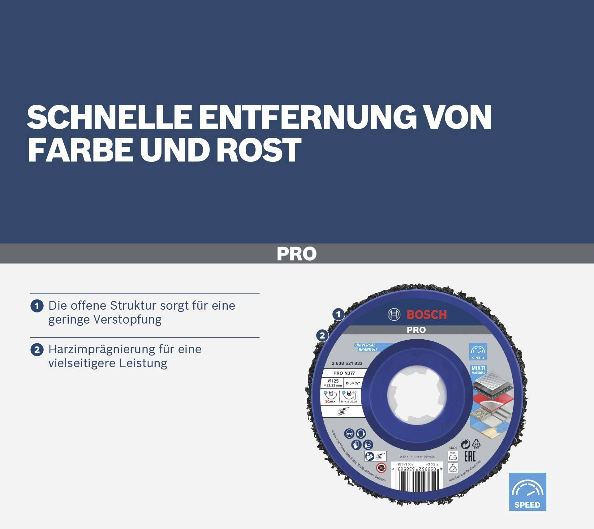 'Bosch Pro' cutting disc, advertised for fast removal of paint and rust. Advantages: open structure, low clogging; versatile resin impregnation.