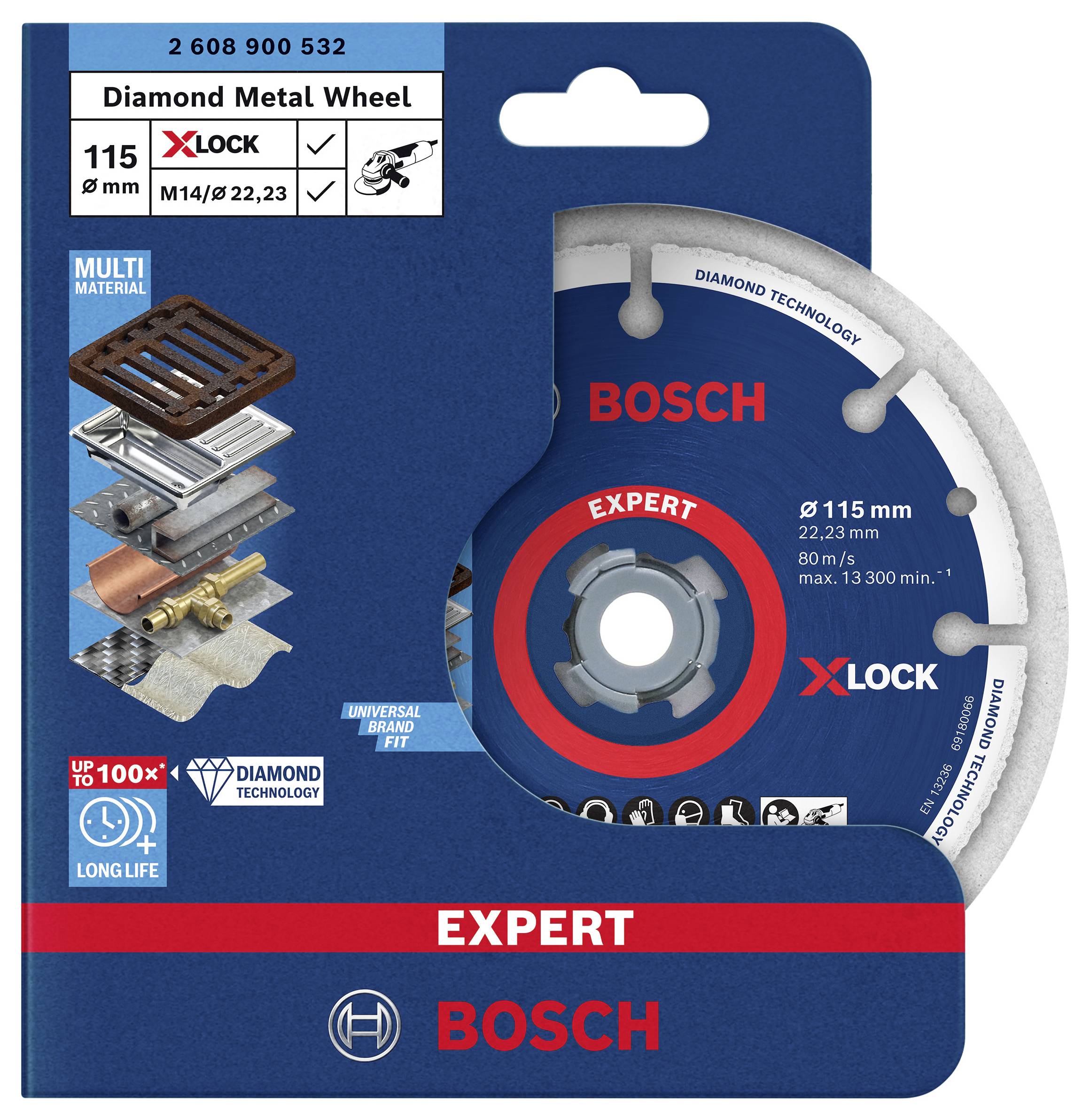'Bosch Expert Diamond Cutting Disc, suitable for metal, size 115 mm, X-Lock System, for various materials.'