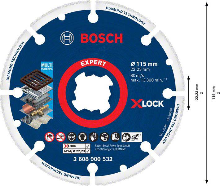Bosch circular saw blade, Ø 115mm, suitable for various materials, with X-LOCK system, max. 13,300 rpm.