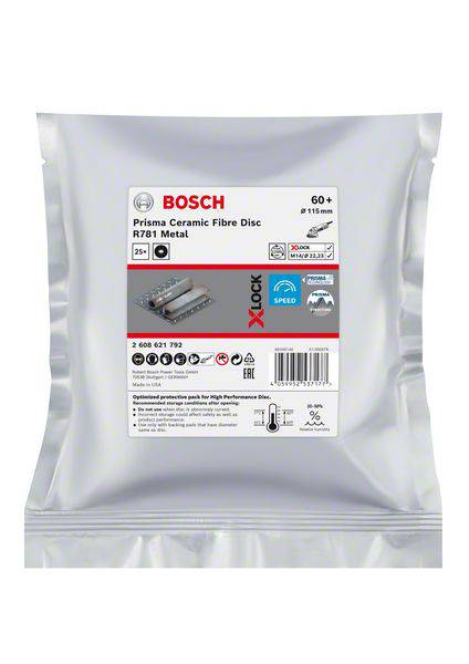 Packaging for a Bosch Grinding Disc for Metal, X-LOCK System, Diameter 115mm, Grit 60+. Includes illustration and instructions for use.