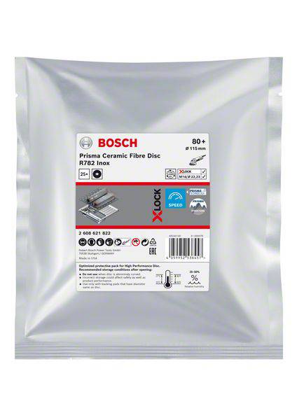 'Bosch Prisma Ceramic Fibre Disc R782 Inox' packaging contains information about product details, application, and compatibility.