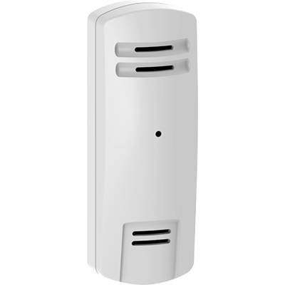 A white, slender sensor with ventilation slots at the top and bottom, with a small point in the centre. Suitable for monitoring environmental conditions.