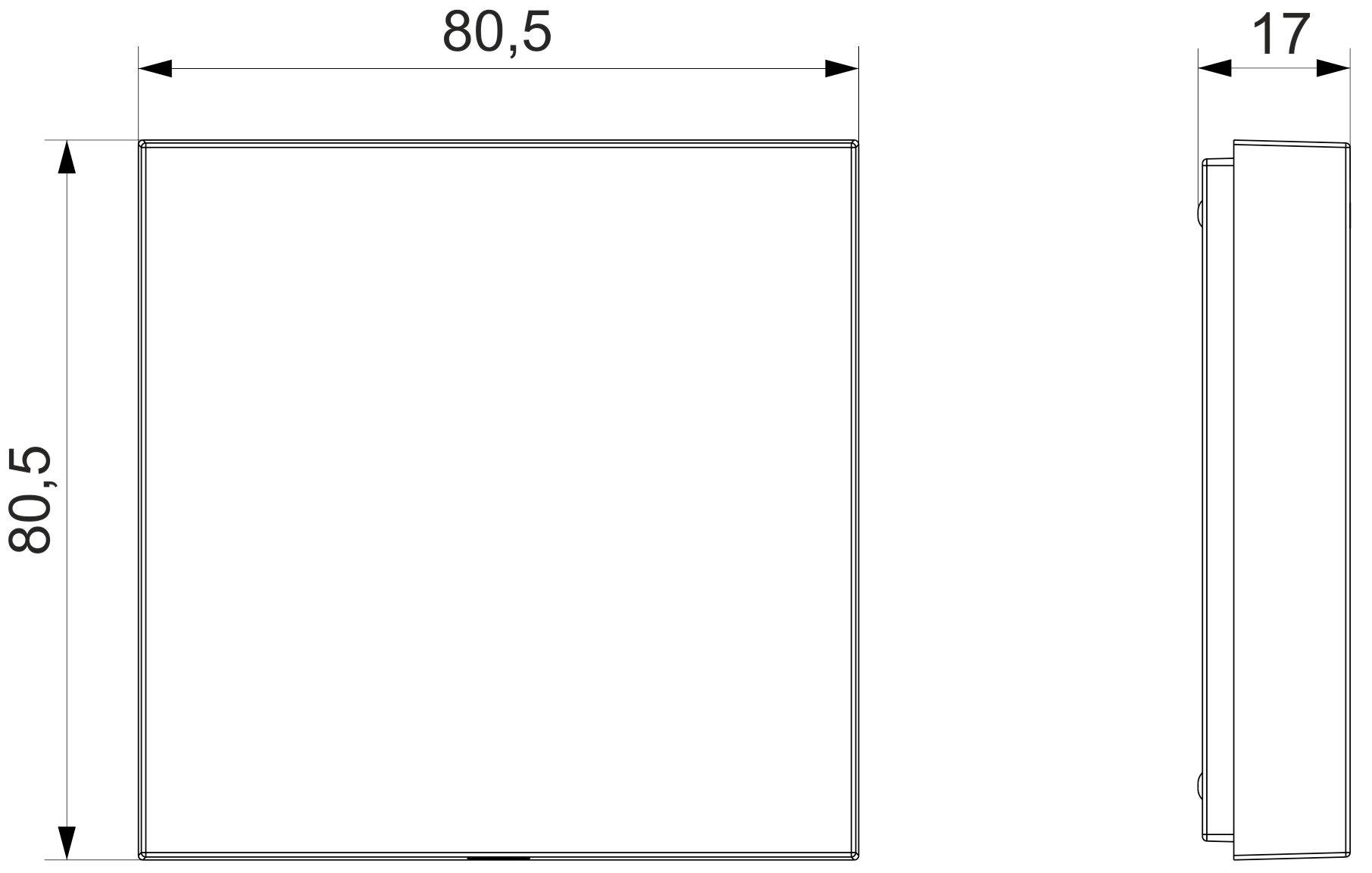 Figure shows a square technical drawing in two views. Dimensions: 80.5 x 80.5 and depth 17.