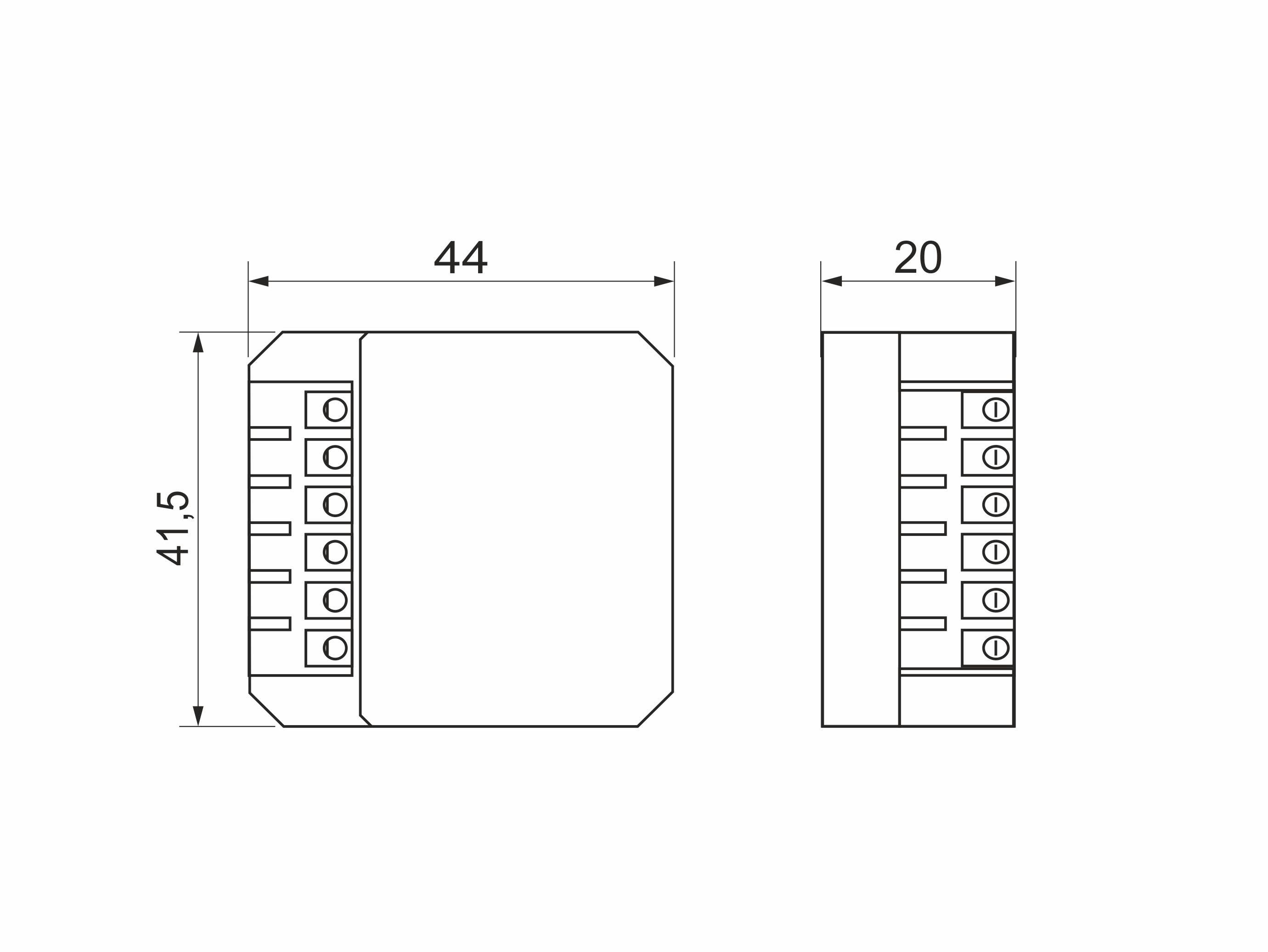 'Technical drawing of a rectangular device with the dimensions: height 41.5 mm, width 44 mm, depth 20 mm.'