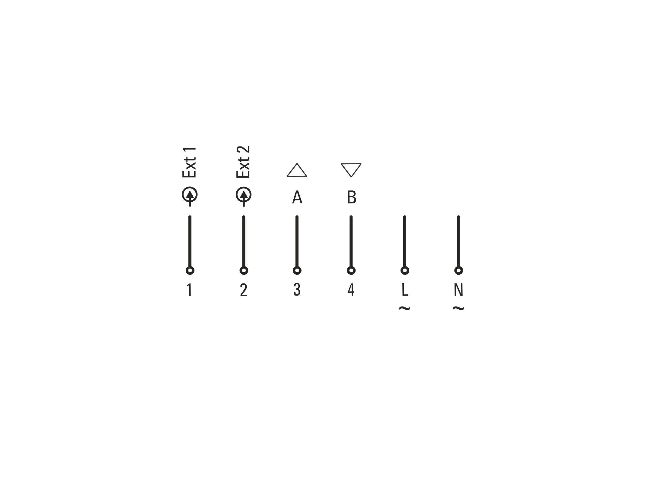 'Ext 1' and 'Ext 2' are two circuit diagram symbols, followed by symbols A and B as well as letters L and N. They represent electrical connections.