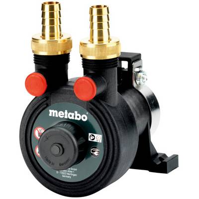 Black Metabo pump with two brass hose fittings and red caps, shown on a white background.