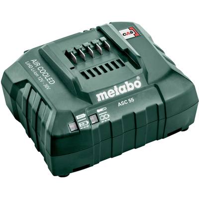 'Metabo ASC 55' Charger, green, with CAS technology, air-cooled function, LED indicators for charge status, compatible with Lithium-Ion batteries.