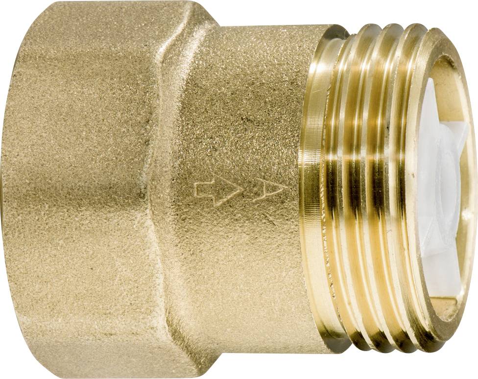 Close-up of a brass pipe fitting with a hex body and threaded male end, shown on a white background.