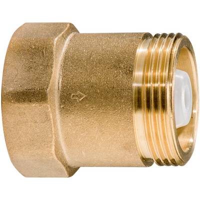 Close-up of a brass pipe fitting with a hex body, threaded end, and flow-direction arrow.