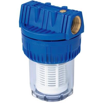 Blue inline water filter with brass threaded inlet and clear housing showing the internal filter cartridge.