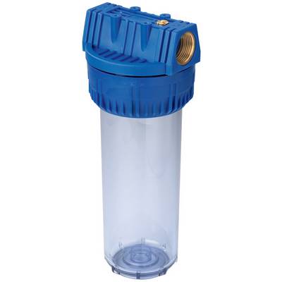 Blue water filter housing with clear cylindrical cartridge and brass inlet port on top.
